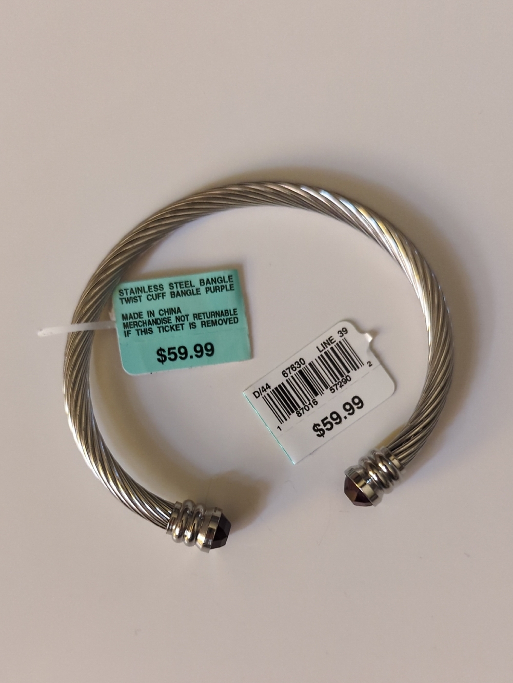 Stainless Steel Twist Cuff Bangle with Purple Accent